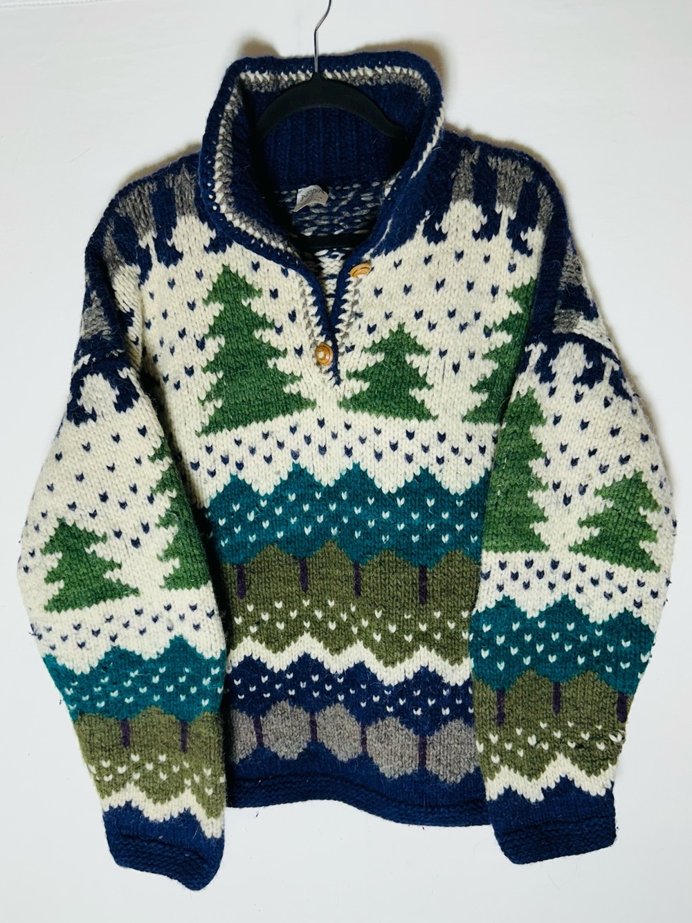 Vintage Las Americas 100% Wool Pine Tree Scenic Sweater XL Hand Crafted Cabin